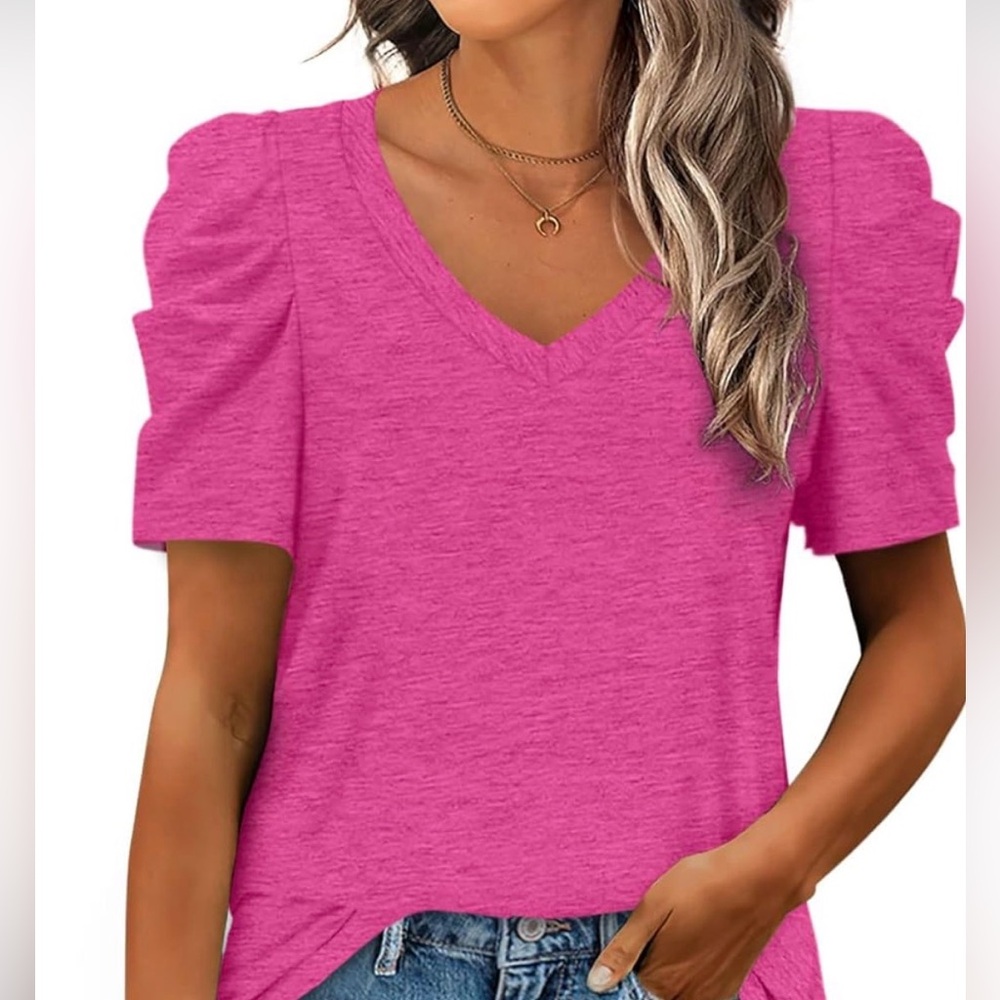 Vibrant Pink Puff Sleeve V-Neck Top